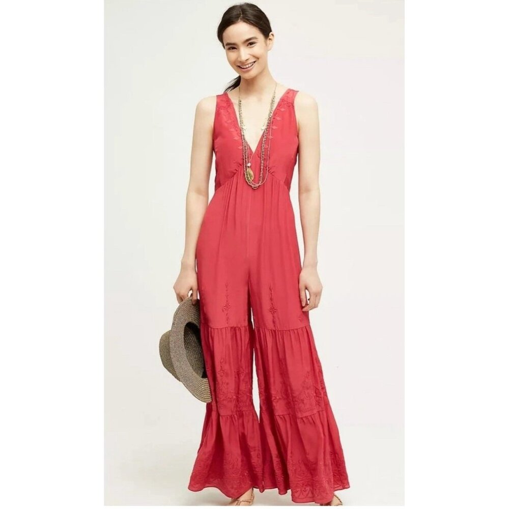 Anthropologie Elevenses Jumpsuit XS Extra Small Embroidered Silk Raspberry  088